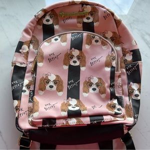 Betsey Johnson dog with glasses backpack, pink and black. EUC.